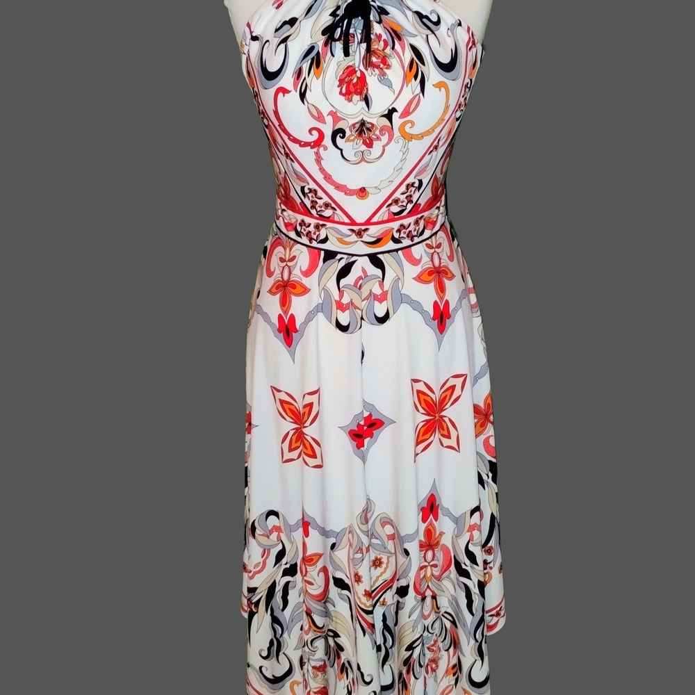 Boston Proper Strapless Dress with Vibrant Red and Black Design